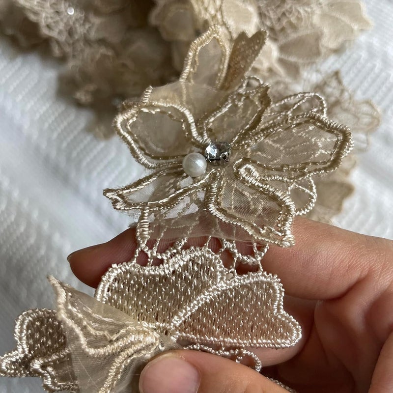 Buysk 2 Yards 3D Pearl Beads Flower Lace Trim Ribbon Floral Applique Embroidered Lace Fabric for Sewing DIY Crafts (Brown) - Image 4